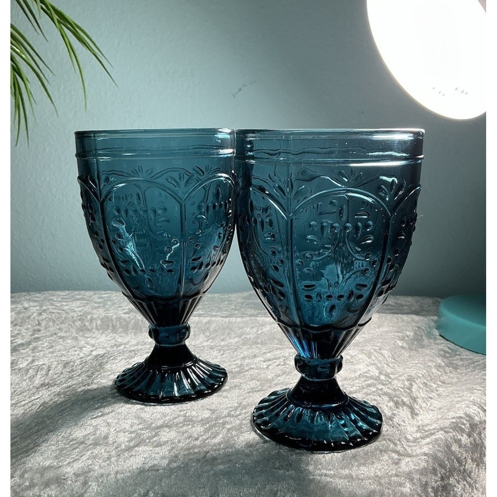 Vintage 2 Indiana Glass Tiara Bicentennial Blue Footed Water Goblets